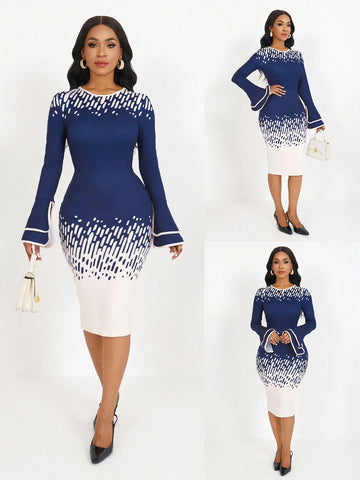 Women Graphic Print Decorative Round Neck Fitted Long Sleeve Dress