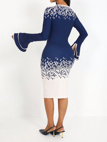 Women Graphic Print Decorative Round Neck Fitted Long Sleeve Dress