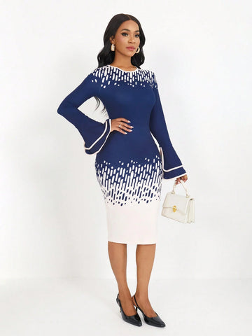 Women Graphic Print Decorative Round Neck Fitted Long Sleeve Dress