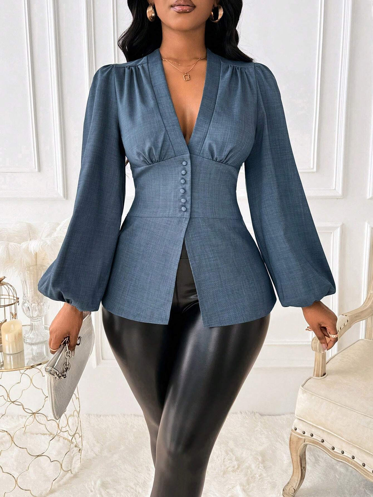 Ladiora Women Office Plain Color Puff Sleeve Cinched Waist Blouse