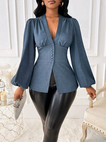 Ladiora Women Office Plain Color Puff Sleeve Cinched Waist Blouse