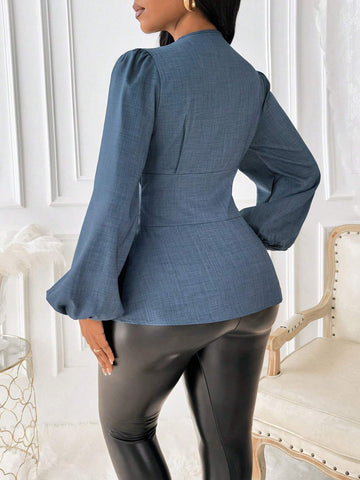 Ladiora Women Office Plain Color Puff Sleeve Cinched Waist Blouse
