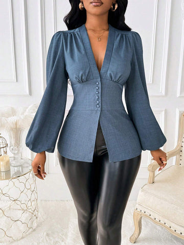 Ladiora Women Office Plain Color Puff Sleeve Cinched Waist Blouse