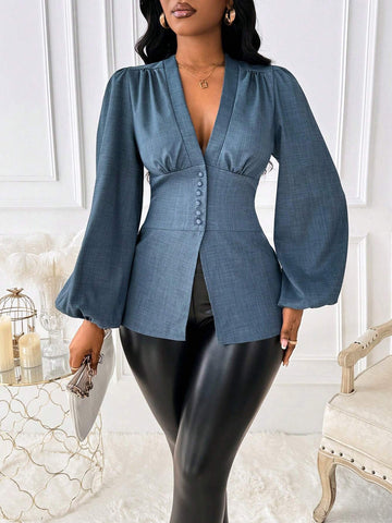 Ladiora Women Office Plain Color Puff Sleeve Cinched Waist Blouse