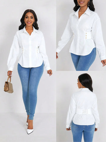 Women Solid Color Long Sleeve Fitted Shirt, Minimalist Style, Suitable For Commuting, Autumn