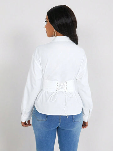 Women Solid Color Long Sleeve Fitted Shirt, Minimalist Style, Suitable For Commuting, Autumn