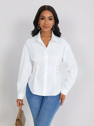 Women Solid Color Long Sleeve Fitted Shirt, Minimalist Style, Suitable For Commuting, Autumn