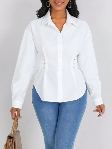 Women Solid Color Long Sleeve Fitted Shirt, Minimalist Style, Suitable For Commuting, Autumn
