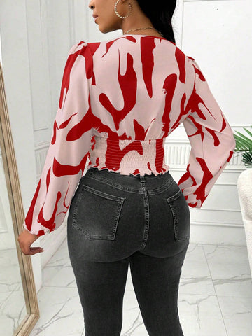 Ladiora Women's Autumn V-Neck Lantern Sleeve Cinched Waist Patterned Blouse