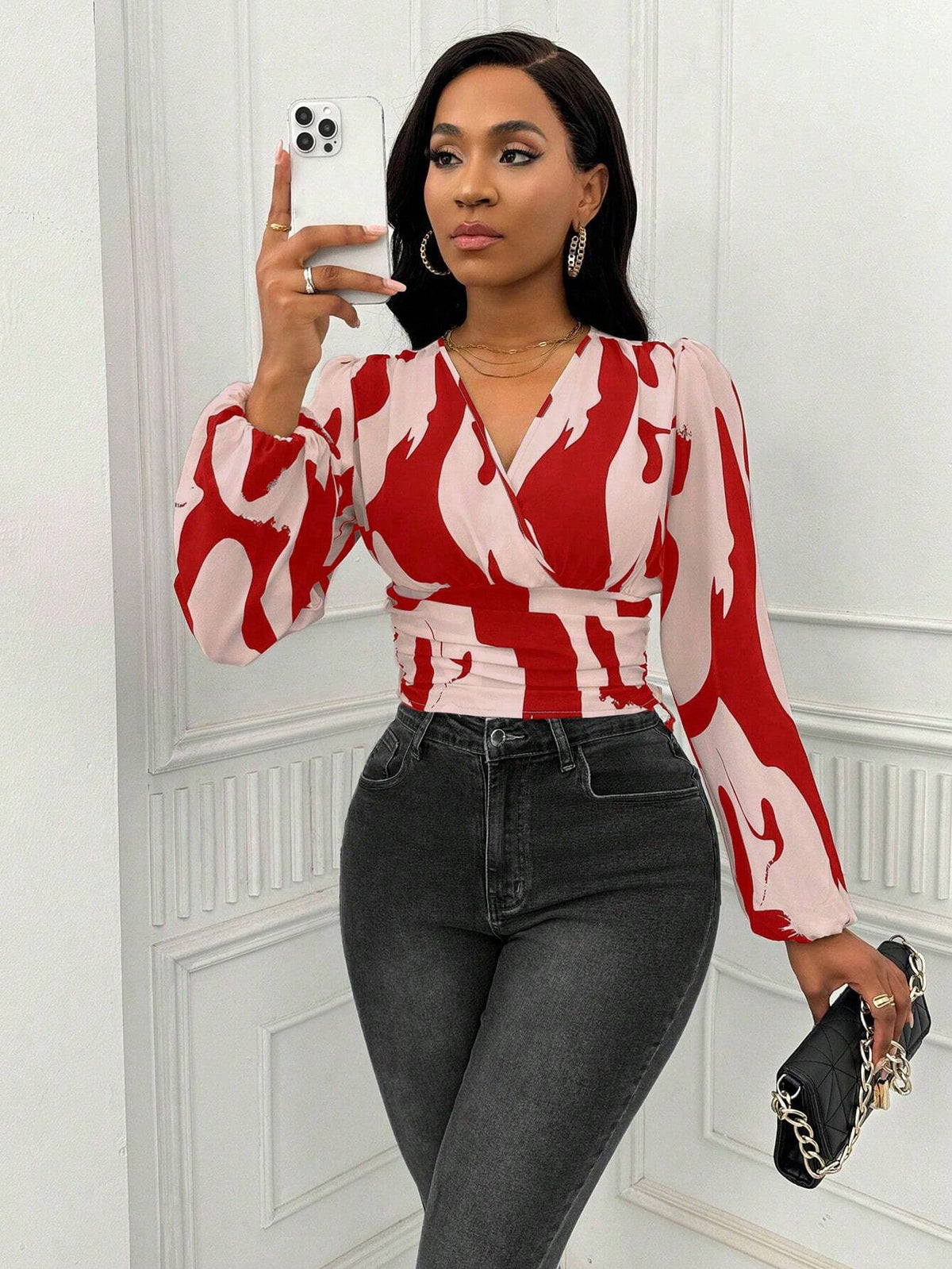 Ladiora Women's Autumn V-Neck Lantern Sleeve Cinched Waist Patterned Blouse