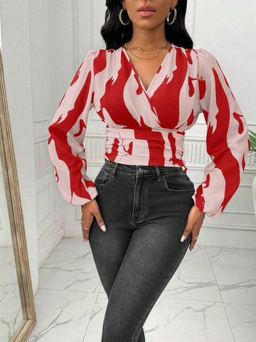 Ladiora Women's Autumn V-Neck Lantern Sleeve Cinched Waist Patterned Blouse