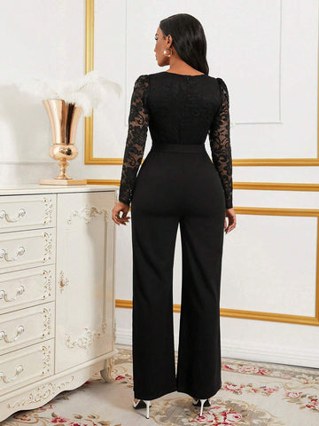 Women's Commuter Casual Lace Patchwork Long Sleeve Jumpsuit