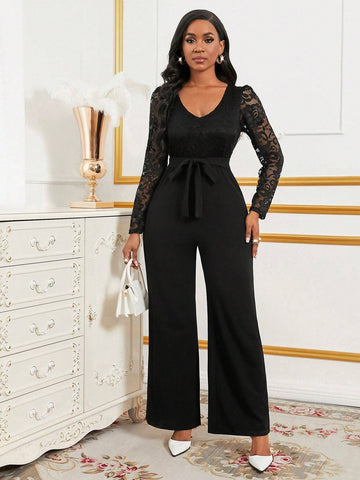 Women's Commuter Casual Lace Patchwork Long Sleeve Jumpsuit