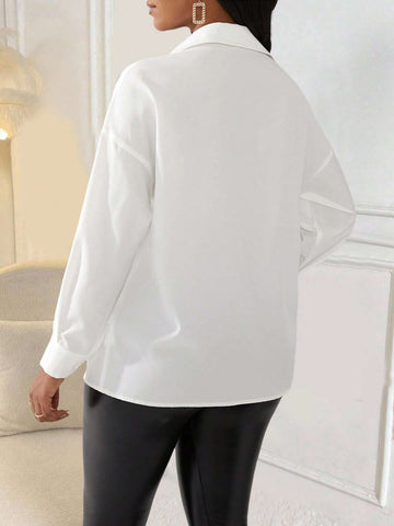 Ladiora Women's Contrast Leopard Print Patchwork Rhinestone Decorated Blouse