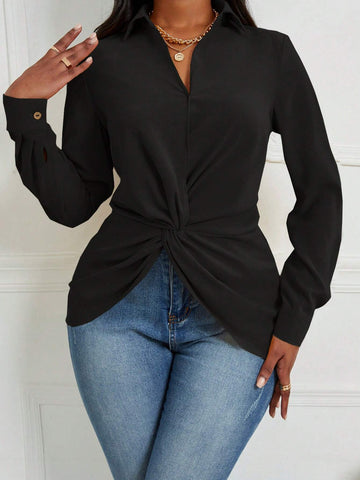 Women's Elegant Commute Solid Color Twist Hem Long Sleeve Blouse