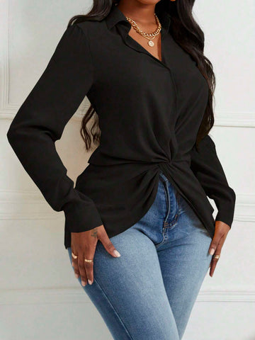 Women's Elegant Commute Solid Color Twist Hem Long Sleeve Blouse