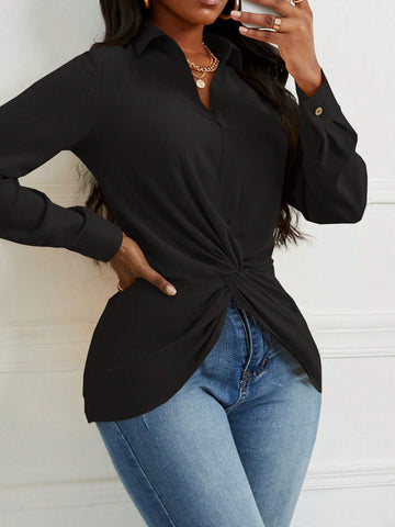 Women's Elegant Commute Solid Color Twist Hem Long Sleeve Blouse