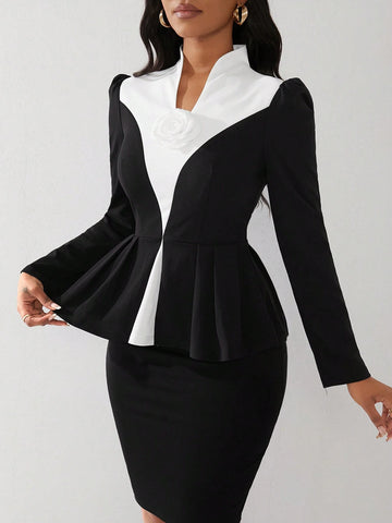 Women's Regular Black & White Contrast Floral Embroidered Long Sleeve Shirt