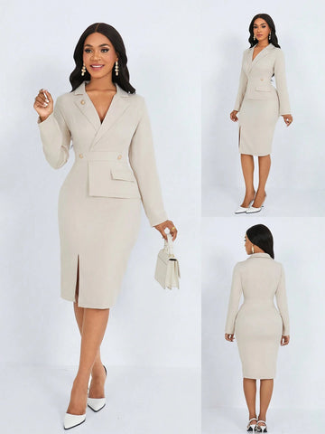 Women's Solid Color Lapel Collar Long Sleeve Split Hem Elegant Mini Dress, Autumn