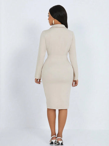 Women's Solid Color Lapel Collar Long Sleeve Split Hem Elegant Mini Dress, Autumn