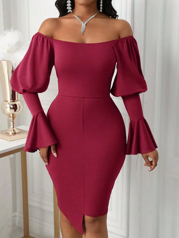Women's Solid Color Off Shoulder Long Sleeve Ruched Minimalist Short Casual Dress