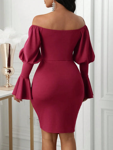 Women's Solid Color Off Shoulder Long Sleeve Ruched Minimalist Short Casual Dress
