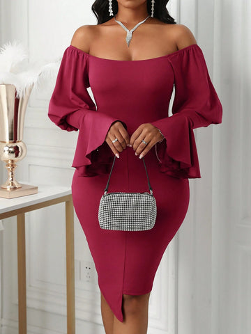 Women's Solid Color Off Shoulder Long Sleeve Ruched Minimalist Short Casual Dress