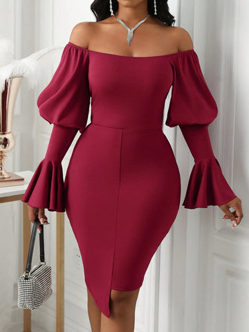 Women's Solid Color Off Shoulder Long Sleeve Ruched Minimalist Short Casual Dress