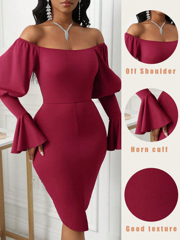 Women's Solid Color Off Shoulder Long Sleeve Ruched Minimalist Short Casual Dress