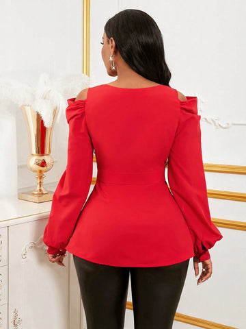 Women's Solid Color Sweetheart Collar Long Sleeve Casual Top,