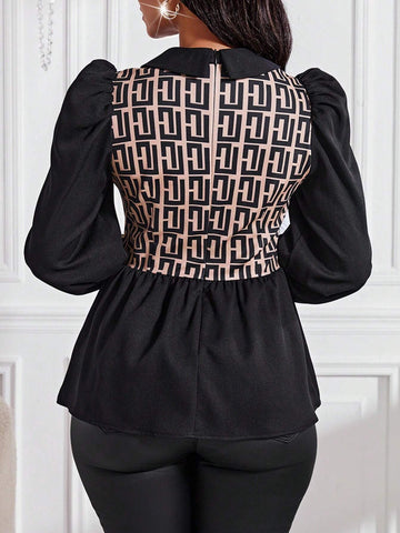 Lady 1pc Women's Solid Color Splice Long Sleeve Pleated Minimalist Blouse, Casual Daily Wear