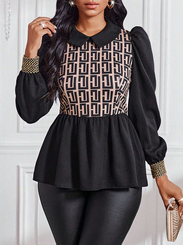 Lady 1pc Women's Solid Color Splice Long Sleeve Pleated Minimalist Blouse, Casual Daily Wear