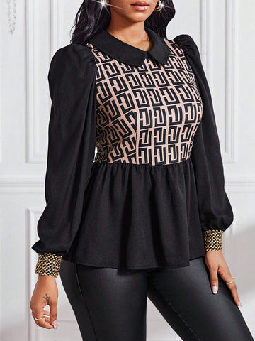 Lady 1pc Women's Solid Color Splice Long Sleeve Pleated Minimalist Blouse, Casual Daily Wear