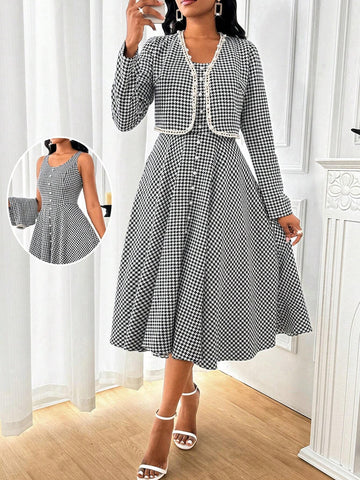 2pcs/Set Women Solid Color Patchwork Long Sleeve Jacket And Dress Set, Minimalist