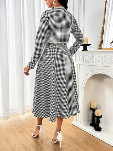 2pcs/Set Women Solid Color Patchwork Long Sleeve Jacket And Dress Set, Minimalist