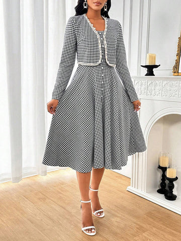 2pcs/Set Women Solid Color Patchwork Long Sleeve Jacket And Dress Set, Minimalist