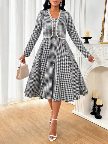 2pcs/Set Women Solid Color Patchwork Long Sleeve Jacket And Dress Set, Minimalist