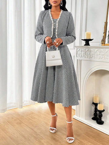 2pcs/Set Women Solid Color Patchwork Long Sleeve Jacket And Dress Set, Minimalist