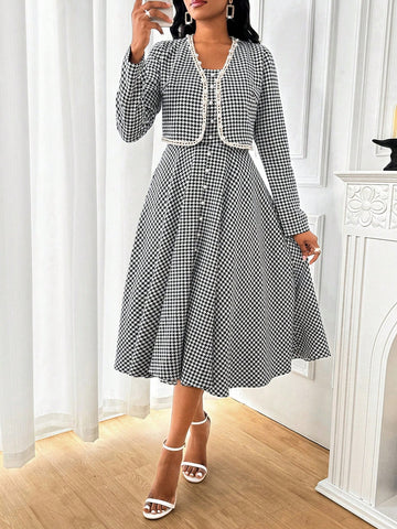 2pcs/Set Women Solid Color Patchwork Long Sleeve Jacket And Dress Set, Minimalist