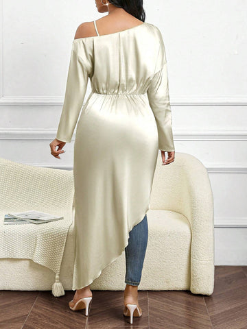 Apricot Gorgeous Satin Shirt Metallic Decoration Irregular One Sleeve Shirt Twist Design Women's Shirt Long Sleeve Shirt Fall Women Tops