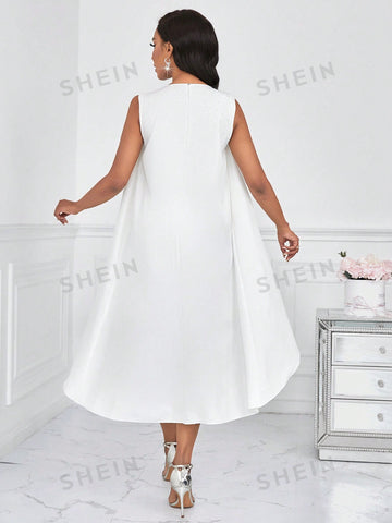Asymmetric Hem Embroidery Splicing Round Neck Dress With Hollow Out Design