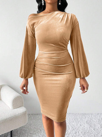 Asymmetric Neckline Ruched Side Velvet Bodycon Dress & Gold Skirt Thanksgiving Women Outfit