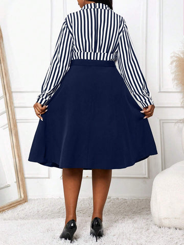Autumn And Winter Casual Black Woven Flared Belted Shirt Dress Midi Long Sleeve Plus Size