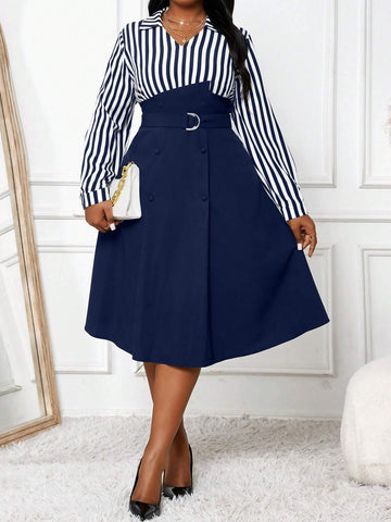 Autumn And Winter Casual Black Woven Flared Belted Shirt Dress Midi Long Sleeve Plus Size
