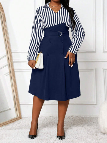 Autumn And Winter Casual Black Woven Flared Belted Shirt Dress Midi Long Sleeve Plus Size