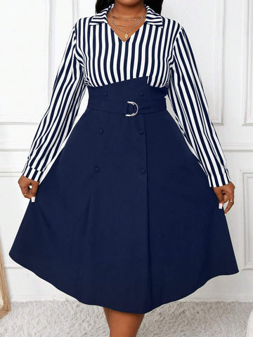 Autumn And Winter Casual Black Woven Flared Belted Shirt Dress Midi Long Sleeve Plus Size