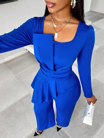 Autumn And Winter Commuting Ruffle Hem Royal Blue Jumpsuit