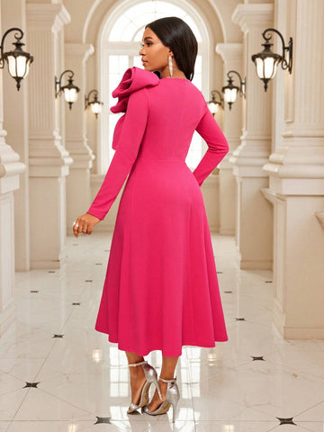 Autumn And Winter Elegant Knitted Round Neck Ball Gown Long Sleeve Appliques Pleated A Line