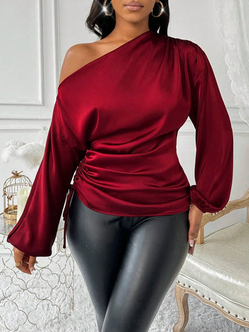 Lady Autumn And Winter Elegant Red Asymmetrical Neck Long Sleeve Women Blouses