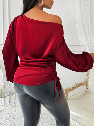 Lady Autumn And Winter Elegant Red Asymmetrical Neck Long Sleeve Women Blouses